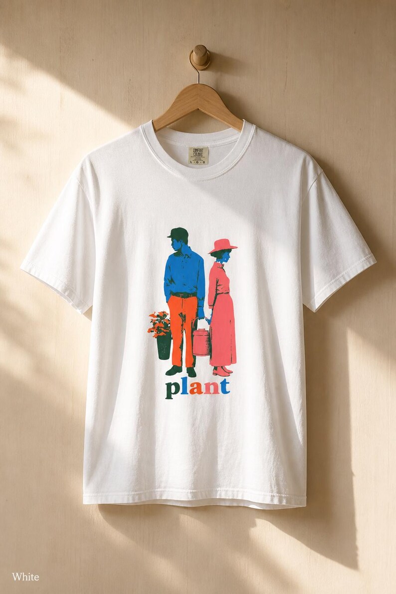 Plant Couple T-Shirt, Retro Screenprint Style Tee with Gardeners Holding Flowers and Watering Can, Cottage Garden Graphic Tee image 4