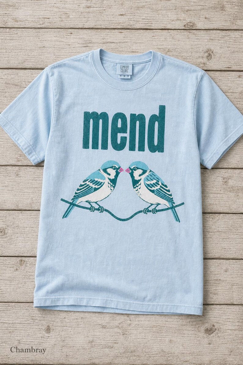 Mend Two Birds T-Shirt Sparrows on a Wire Screenprint Style Tee Quiet Repair Mutual Aid Cottagecore Bird Lover Graphic Tee Bild 9
