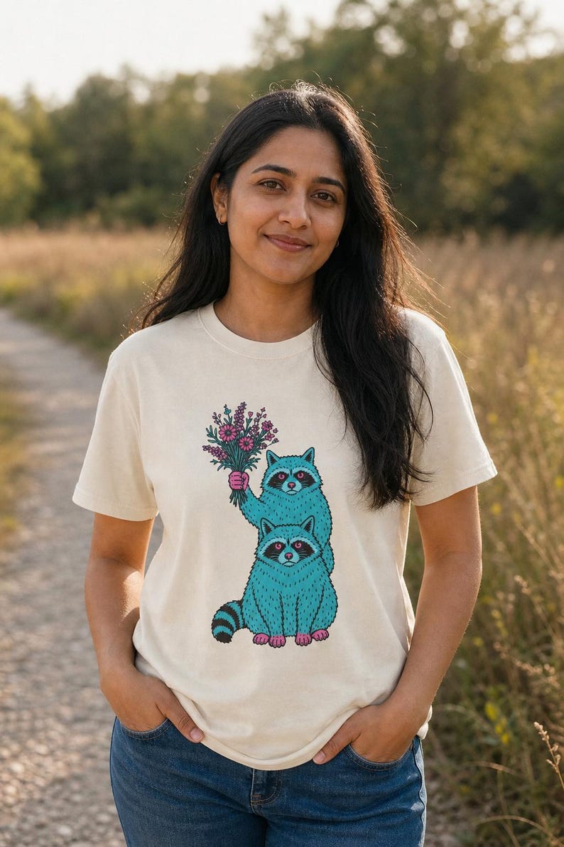 Two Raccoons Holding Wildflowers T-Shirt, Teal and Pink Riso Style Raccoon Tee, Cottagecore Animal Graphic Shirt, Soft Protest Gift image 2