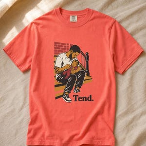 Tend Father and Baby Brownstone Stoop T-Shirt Bold Comic Illustration Fatherhood Graphic Tee Black Dad Gift 画像 11