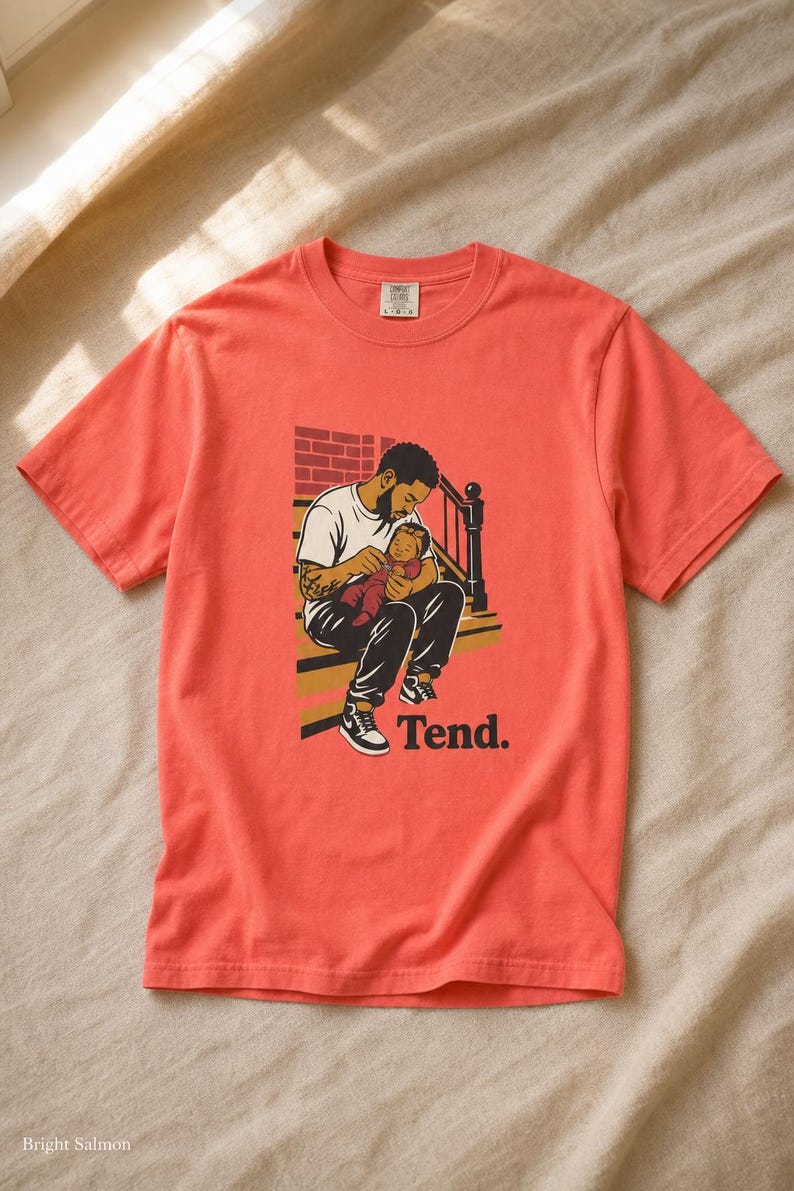Tend Father and Baby Brownstone Stoop T-Shirt Bold Comic Illustration Fatherhood Graphic Tee Black Dad Gift 画像 11