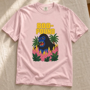 800-Pound Gorilla T-Shirt Pulp Poster Kaiju Tee Bold Flat Color Screenprint Style Roaring Ape Palm Trees Graphic Tee image 8