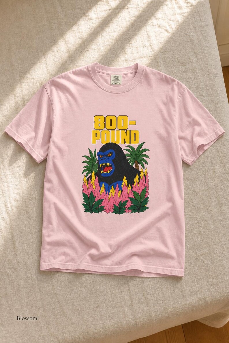 800-Pound Gorilla T-Shirt Pulp Poster Kaiju Tee Bold Flat Color Screenprint Style Roaring Ape Palm Trees Graphic Tee image 8