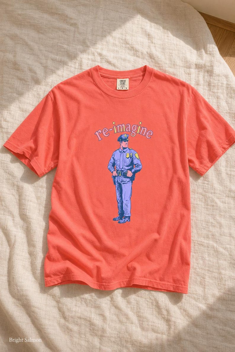 Re-imagine Police Officer T-Shirt Comic Style Cop Illustration Tee Community Reform Graphic Shirt Gift image 11
