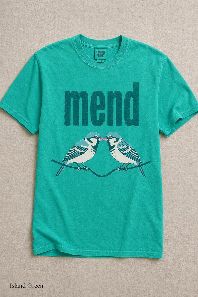Mend Two Birds T-Shirt Sparrows on a Wire Screenprint Style Tee Quiet Repair Mutual Aid Cottagecore Bird Lover Graphic Tee Bild 14