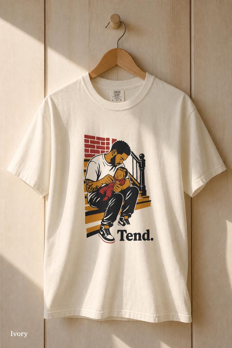 Tend Father and Baby Brownstone Stoop T-Shirt Bold Comic Illustration Fatherhood Graphic Tee Black Dad Gift 画像 7