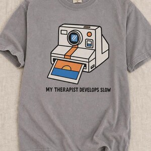 Retro Polaroid Camera T-Shirt, My Therapist Develops Slow, Vintage Instant Photo Tee, Film Photography Graphic Tee, Sunset Print image 12
