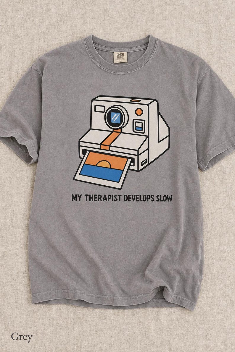 Retro Polaroid Camera T-Shirt, My Therapist Develops Slow, Vintage Instant Photo Tee, Film Photography Graphic Tee, Sunset Print image 12