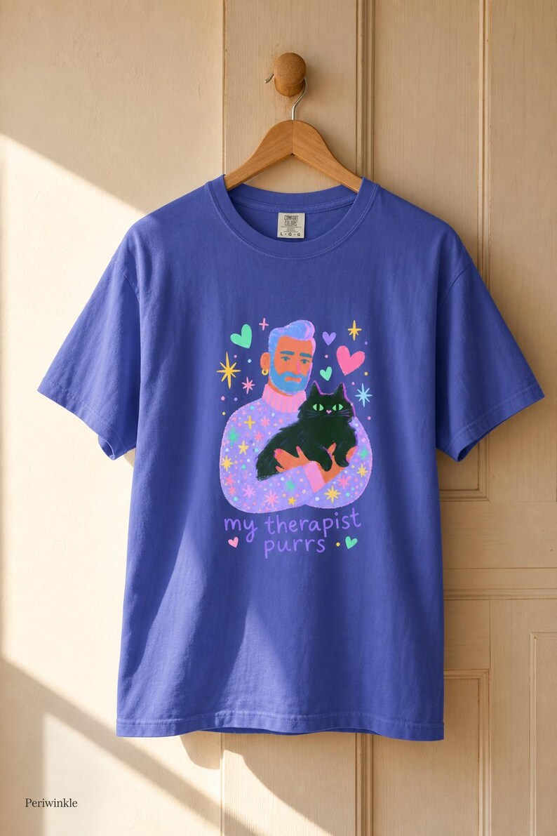 My Therapist Purrs T-Shirt, Bearded Man Holding Black Cat Tee, Cat Lover Gouache Illustration, Mental Health Cat Mom Dad Shirt imagem 17