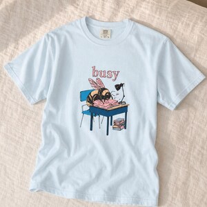 Busy Bee at Desk T-Shirt, Bumblebee Studying Illustration Tee, Bookish Cottagecore Graphic Shirt, Hard Worker Gift image 8