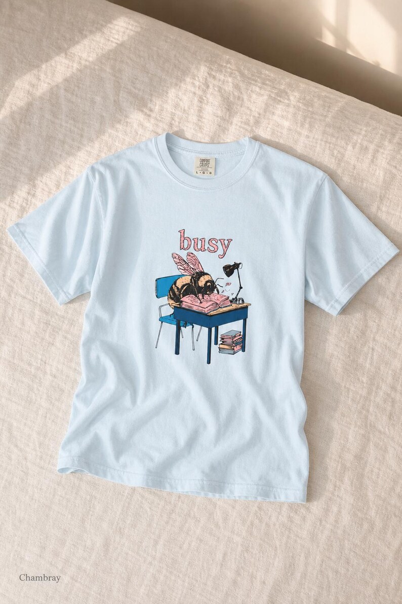 Busy Bee at Desk T-Shirt, Bumblebee Studying Illustration Tee, Bookish Cottagecore Graphic Shirt, Hard Worker Gift image 8