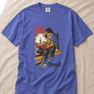 Tend Father and Baby Brownstone Stoop T-Shirt Bold Comic Illustration Fatherhood Graphic Tee Black Dad Gift 画像 17