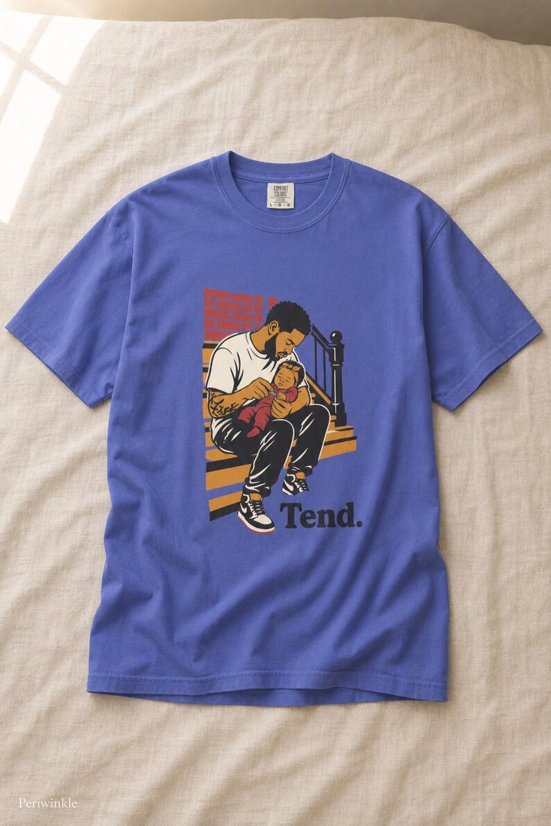 Tend Father and Baby Brownstone Stoop T-Shirt Bold Comic Illustration Fatherhood Graphic Tee Black Dad Gift 画像 17