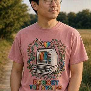 Reboot The System T-Shirt, Retro Computer with Vines and Rainbow Heart Tee, Vintage PC Graphic Cottagecore Tech Shirt image 3