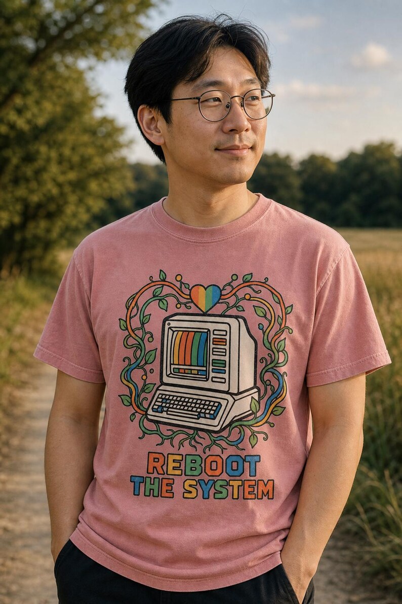 Reboot The System T-Shirt, Retro Computer with Vines and Rainbow Heart Tee, Vintage PC Graphic Cottagecore Tech Shirt image 3