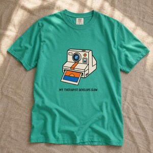 Retro Polaroid Camera T-Shirt, My Therapist Develops Slow, Vintage Instant Photo Tee, Film Photography Graphic Tee, Sunset Print image 13