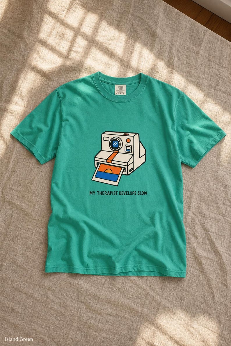Retro Polaroid Camera T-Shirt, My Therapist Develops Slow, Vintage Instant Photo Tee, Film Photography Graphic Tee, Sunset Print image 13