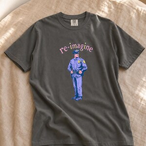 Re-imagine Police Officer T-Shirt Comic Style Cop Illustration Tee Community Reform Graphic Shirt Gift image 13