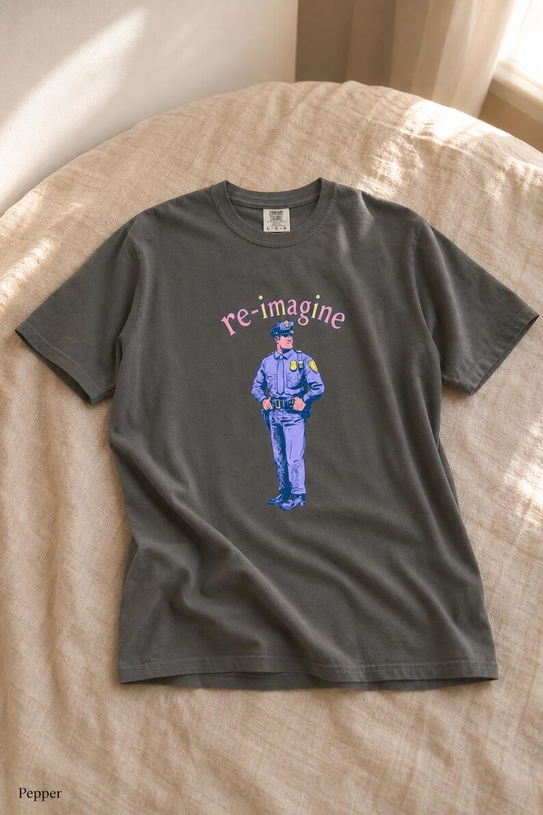 Re-imagine Police Officer T-Shirt Comic Style Cop Illustration Tee Community Reform Graphic Shirt Gift image 13