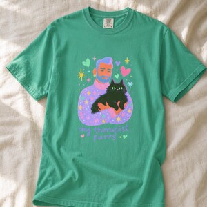 My Therapist Purrs T-Shirt, Bearded Man Holding Black Cat Tee, Cat Lover Gouache Illustration, Mental Health Cat Mom Dad Shirt imagem 15