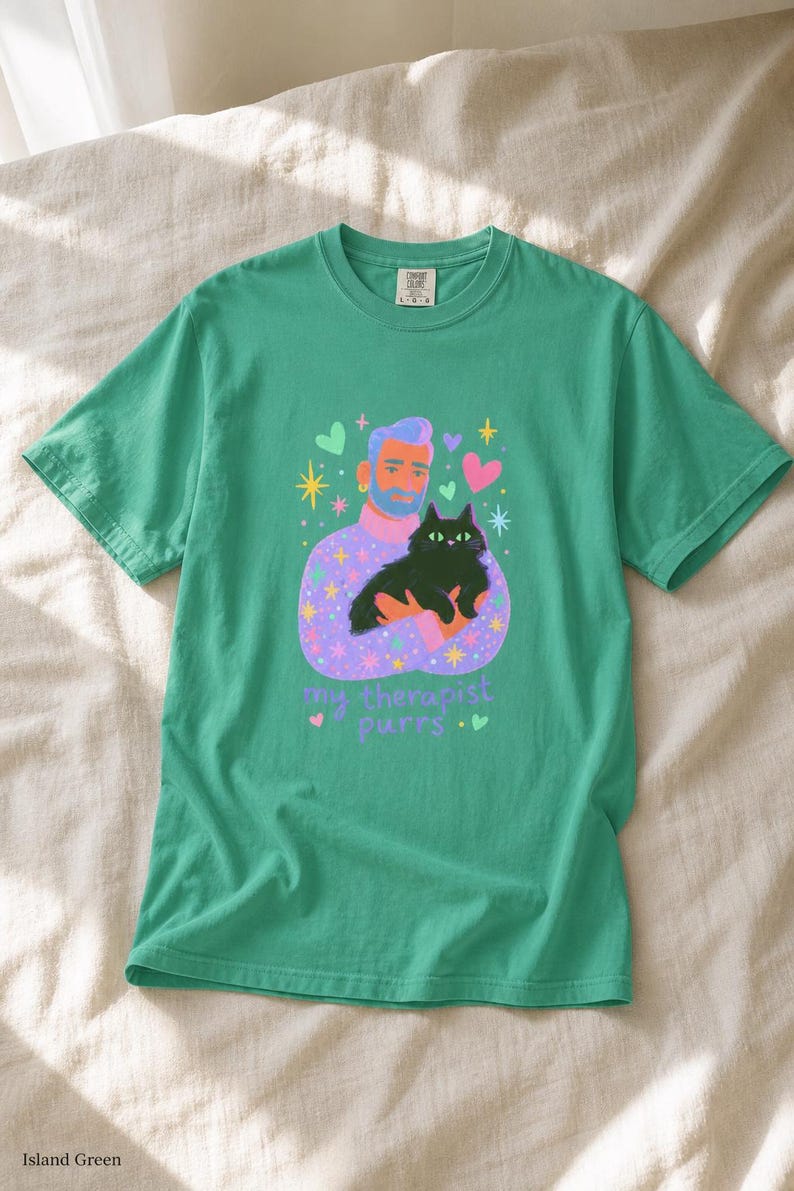 My Therapist Purrs T-Shirt, Bearded Man Holding Black Cat Tee, Cat Lover Gouache Illustration, Mental Health Cat Mom Dad Shirt imagem 15