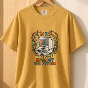 Reboot The System T-Shirt, Retro Computer with Vines and Rainbow Heart Tee, Vintage PC Graphic Cottagecore Tech Shirt image 12