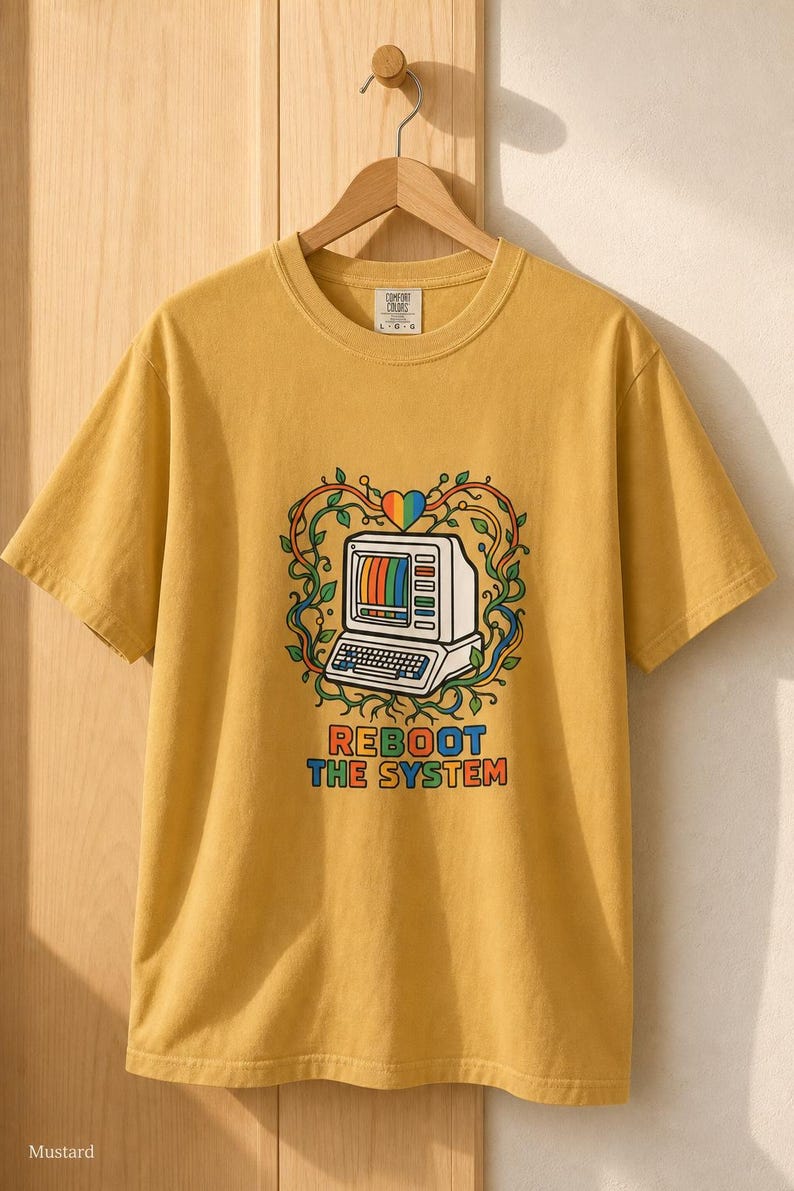 Reboot The System T-Shirt, Retro Computer with Vines and Rainbow Heart Tee, Vintage PC Graphic Cottagecore Tech Shirt image 12