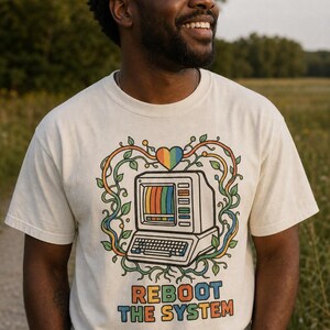 Reboot The System T-Shirt, Retro Computer with Vines and Rainbow Heart Tee, Vintage PC Graphic Cottagecore Tech Shirt image 2