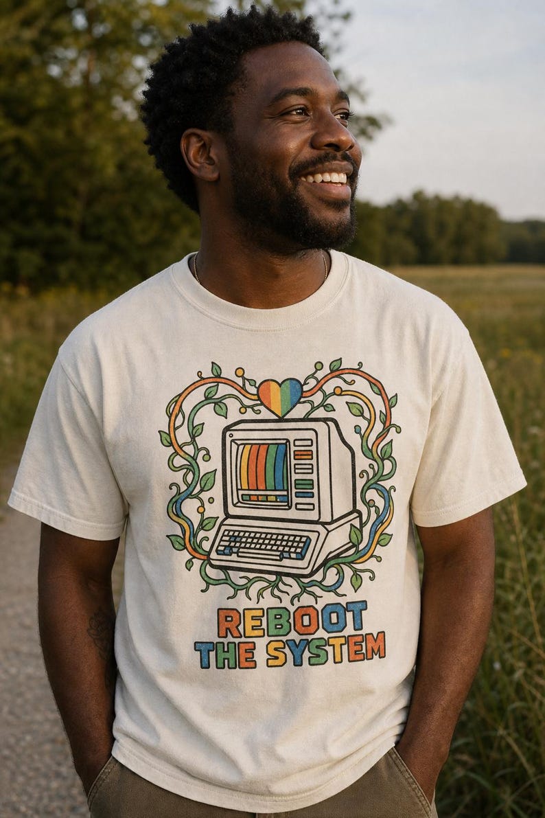 Reboot The System T-Shirt, Retro Computer with Vines and Rainbow Heart Tee, Vintage PC Graphic Cottagecore Tech Shirt image 2