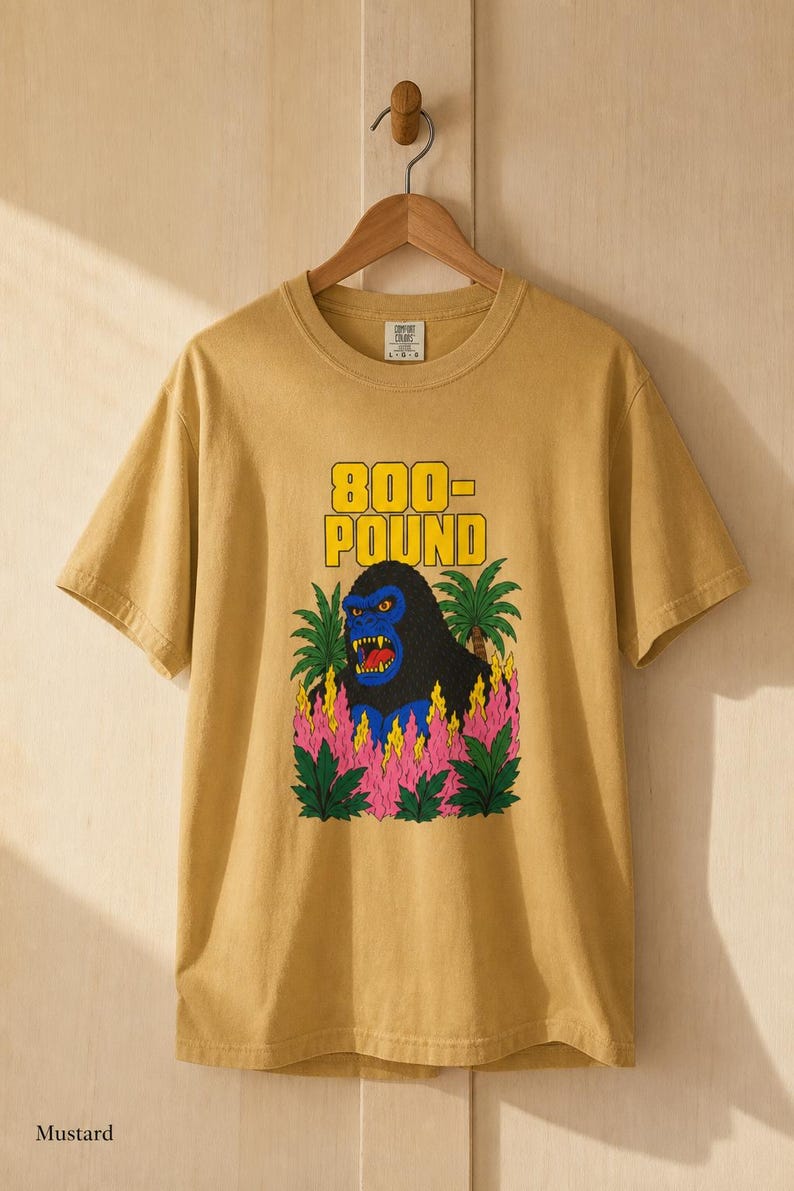 800-Pound Gorilla T-Shirt Pulp Poster Kaiju Tee Bold Flat Color Screenprint Style Roaring Ape Palm Trees Graphic Tee image 12