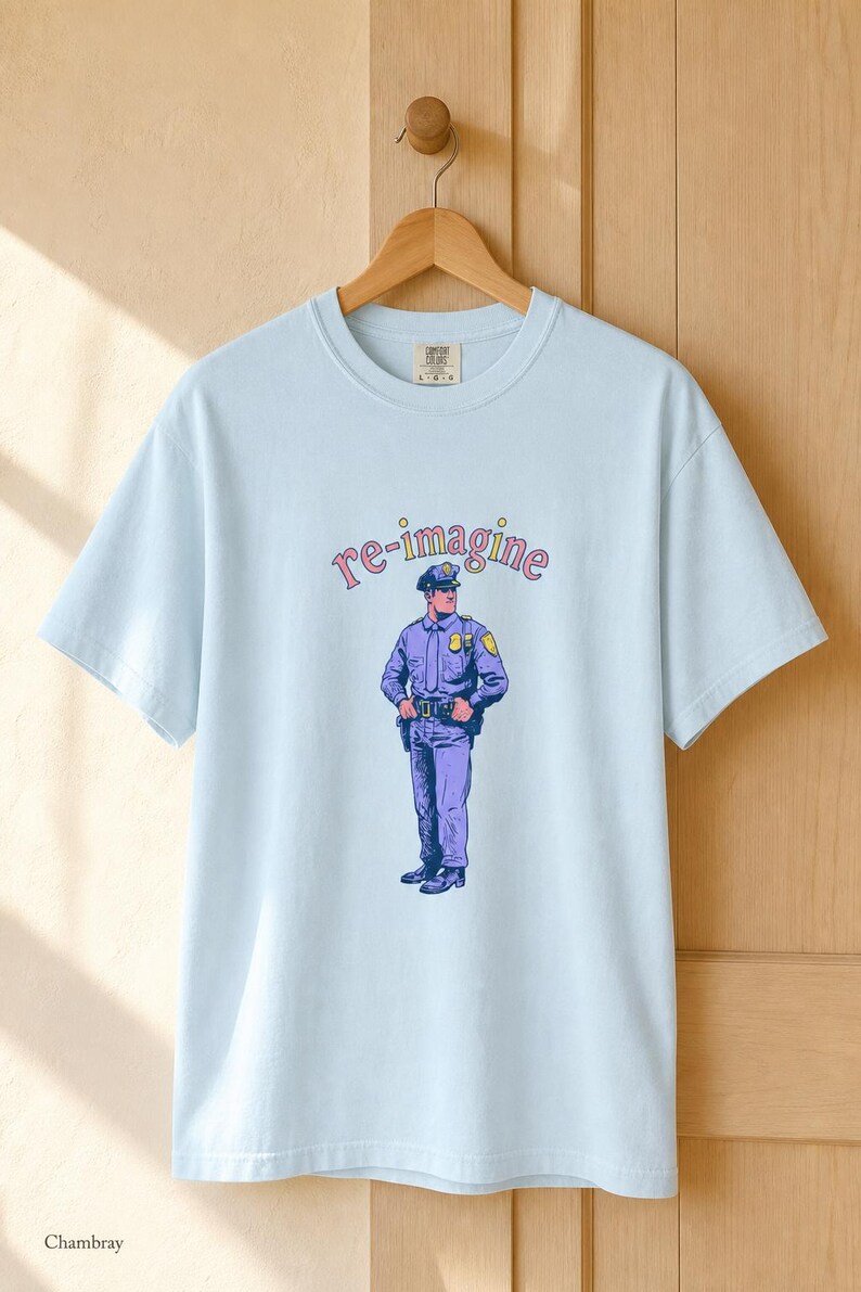 Re-imagine Police Officer T-Shirt Comic Style Cop Illustration Tee Community Reform Graphic Shirt Gift image 9