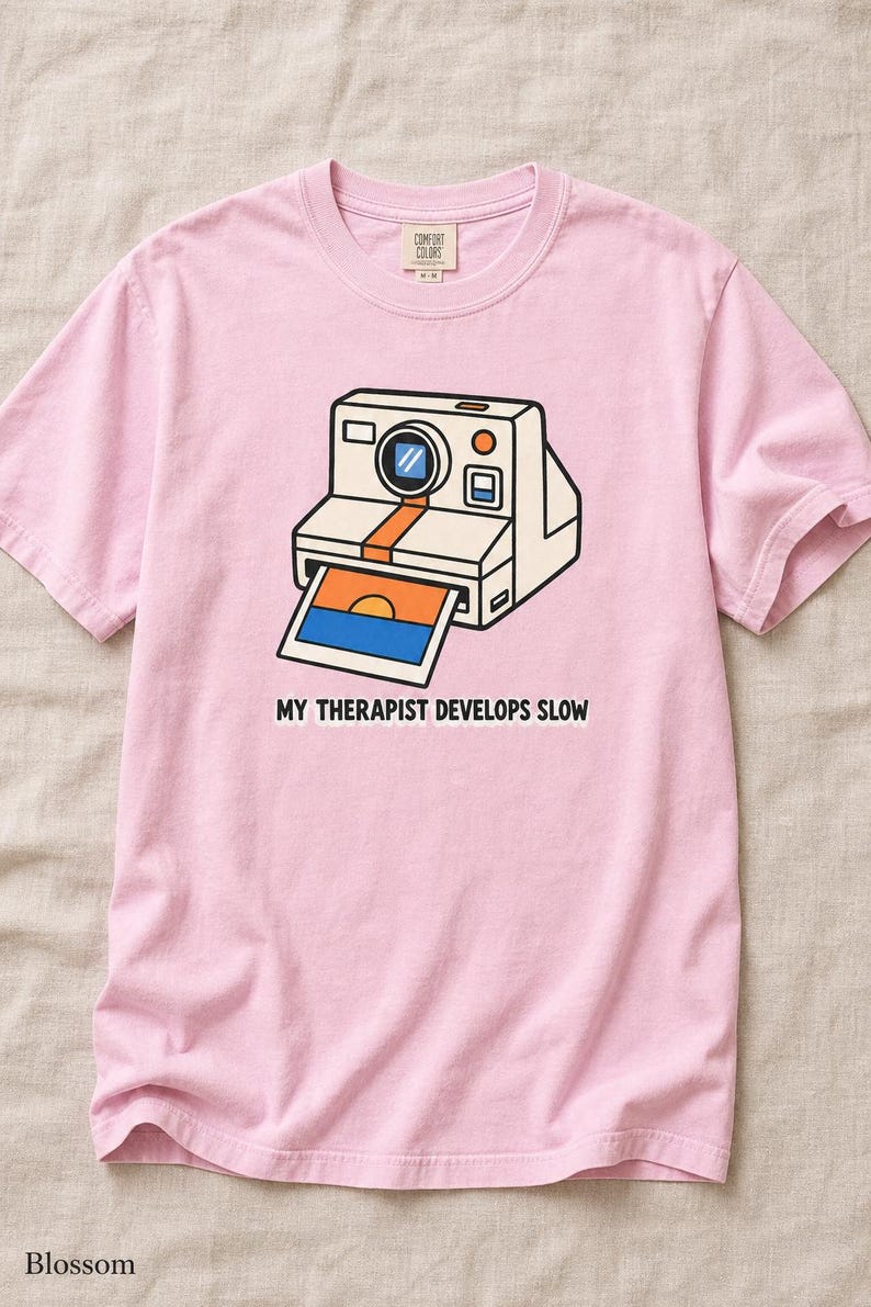 Retro Polaroid Camera T-Shirt, My Therapist Develops Slow, Vintage Instant Photo Tee, Film Photography Graphic Tee, Sunset Print image 7