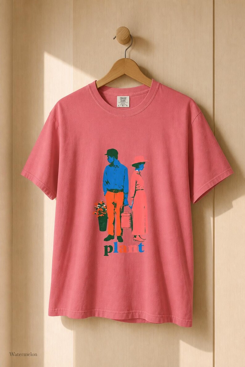 Plant Couple T-Shirt, Retro Screenprint Style Tee with Gardeners Holding Flowers and Watering Can, Cottage Garden Graphic Tee image 14