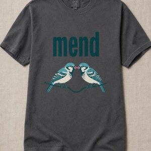Mend Two Birds T-Shirt Sparrows on a Wire Screenprint Style Tee Quiet Repair Mutual Aid Cottagecore Bird Lover Graphic Tee Bild 12