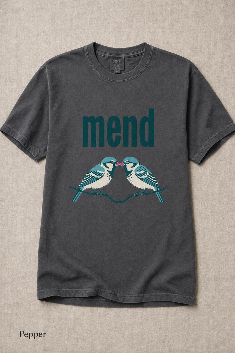 Mend Two Birds T-Shirt Sparrows on a Wire Screenprint Style Tee Quiet Repair Mutual Aid Cottagecore Bird Lover Graphic Tee Bild 12