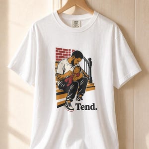 Tend Father and Baby Brownstone Stoop T-Shirt Bold Comic Illustration Fatherhood Graphic Tee Black Dad Gift 画像 4
