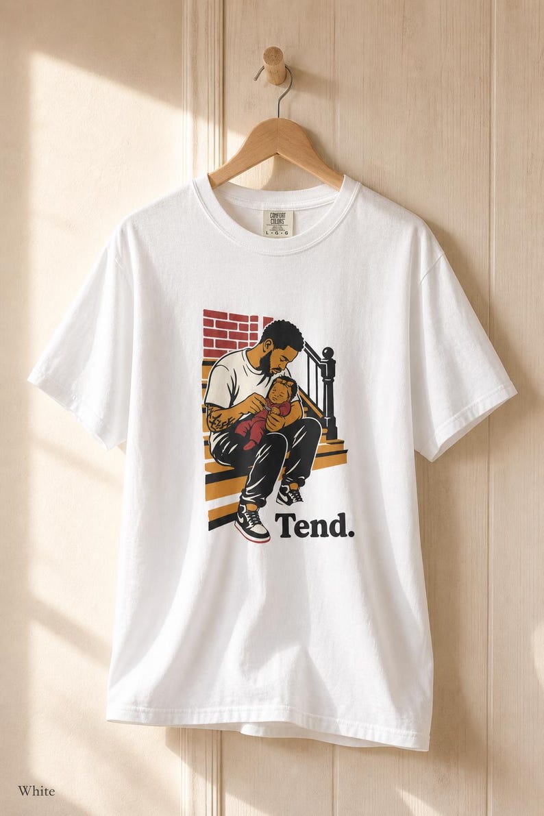 Tend Father and Baby Brownstone Stoop T-Shirt Bold Comic Illustration Fatherhood Graphic Tee Black Dad Gift 画像 4