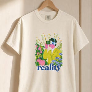 Reality VR Headset Garden T-Shirt Person in Yellow Jacket Among Daisies Hydrangeas and Peaches Botanical Graphic Tee image 7