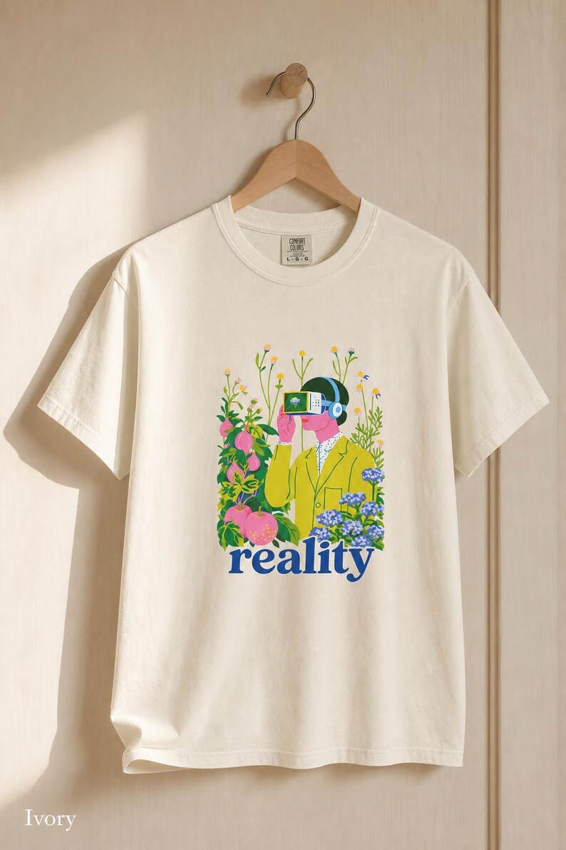Reality VR Headset Garden T-Shirt Person in Yellow Jacket Among Daisies Hydrangeas and Peaches Botanical Graphic Tee image 7