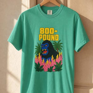 800-Pound Gorilla T-Shirt Pulp Poster Kaiju Tee Bold Flat Color Screenprint Style Roaring Ape Palm Trees Graphic Tee image 1