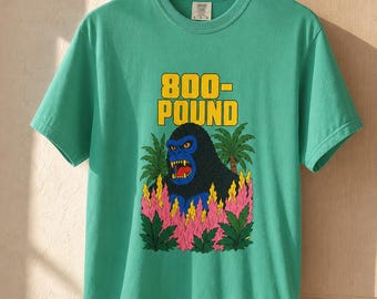 800-Pound Gorilla T-Shirt Pulp Poster Kaiju Tee Bold Flat Color Screenprint Style Roaring Ape Palm Trees Graphic Tee