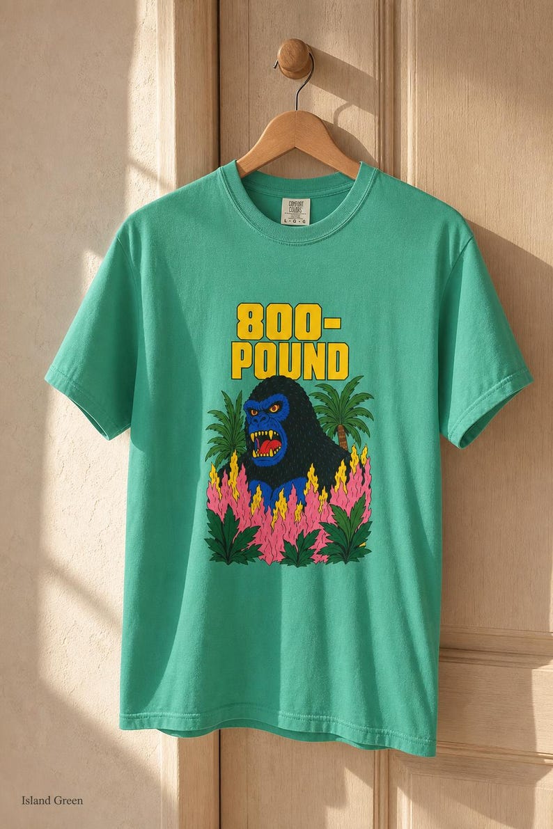 800-Pound Gorilla T-Shirt Pulp Poster Kaiju Tee Bold Flat Color Screenprint Style Roaring Ape Palm Trees Graphic Tee image 1