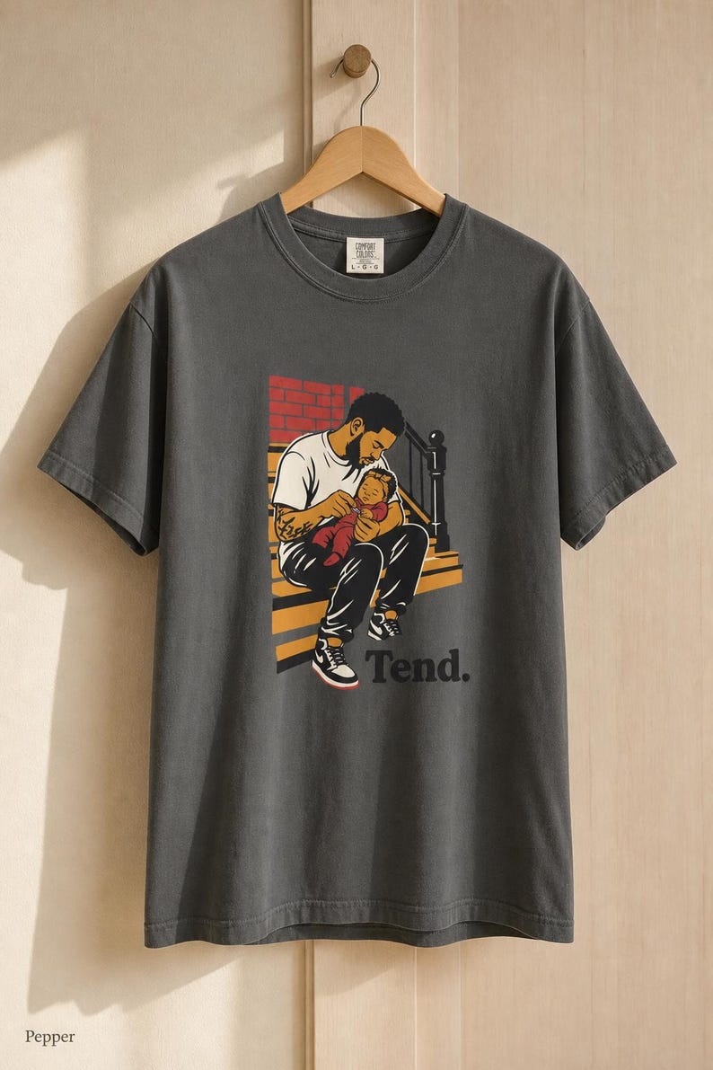 Tend Father and Baby Brownstone Stoop T-Shirt Bold Comic Illustration Fatherhood Graphic Tee Black Dad Gift 画像 13