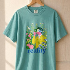 Reality VR Headset Garden T-Shirt Person in Yellow Jacket Among Daisies Hydrangeas and Peaches Botanical Graphic Tee image 10
