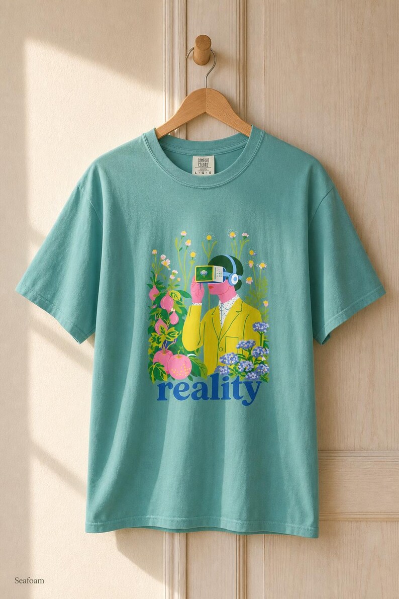 Reality VR Headset Garden T-Shirt Person in Yellow Jacket Among Daisies Hydrangeas and Peaches Botanical Graphic Tee image 10