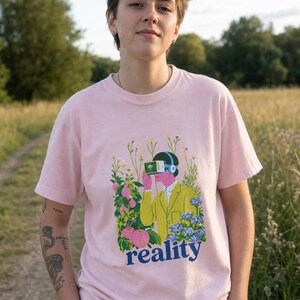 Reality VR Headset Garden T-Shirt Person in Yellow Jacket Among Daisies Hydrangeas and Peaches Botanical Graphic Tee image 3