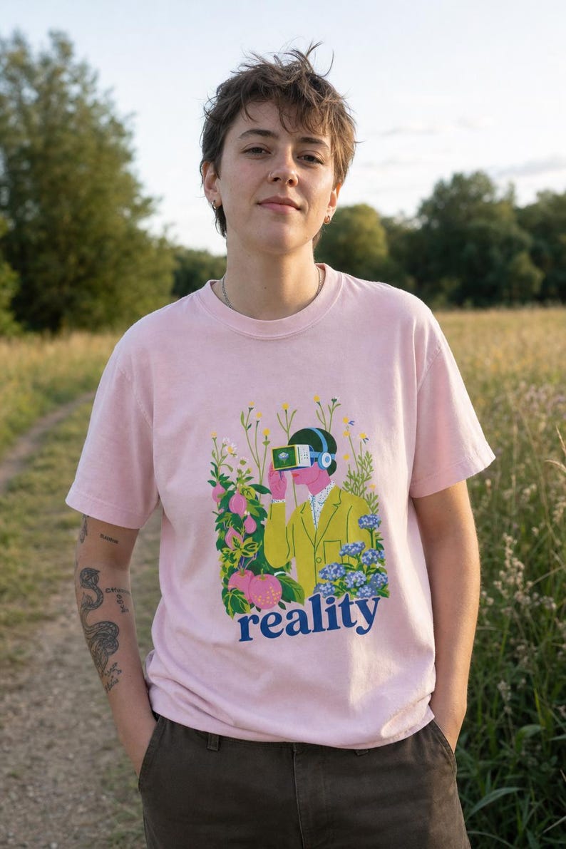 Reality VR Headset Garden T-Shirt Person in Yellow Jacket Among Daisies Hydrangeas and Peaches Botanical Graphic Tee image 3