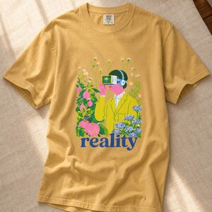 Reality VR Headset Garden T-Shirt Person in Yellow Jacket Among Daisies Hydrangeas and Peaches Botanical Graphic Tee image 1