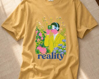 Reality VR Headset Garden T-Shirt Person in Yellow Jacket Among Daisies Hydrangeas and Peaches Botanical Graphic Tee