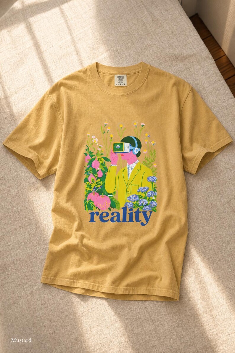 Reality VR Headset Garden T-Shirt Person in Yellow Jacket Among Daisies Hydrangeas and Peaches Botanical Graphic Tee image 1